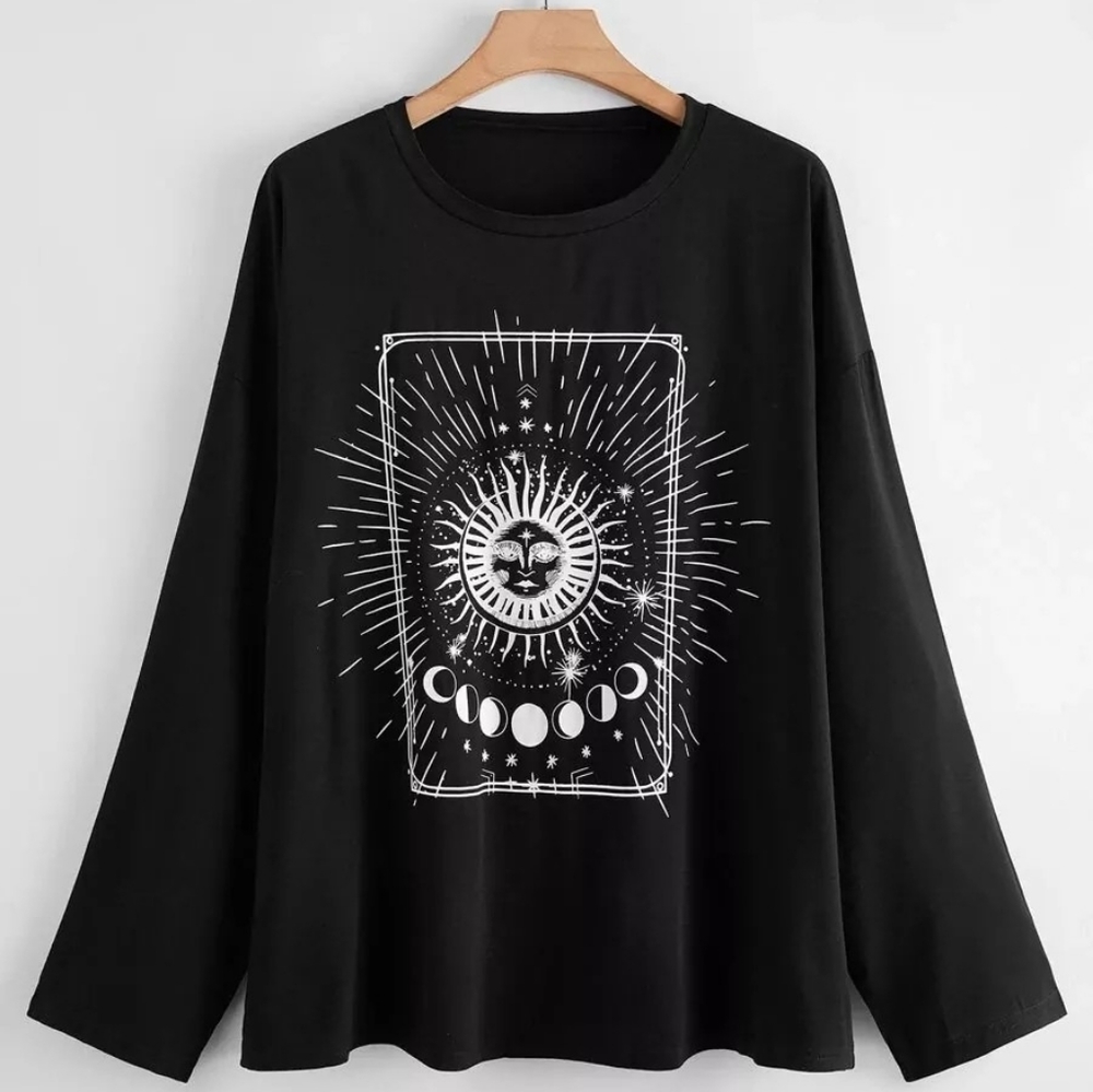 Plus Long Sleeve Sun and Moon Graphic Tee